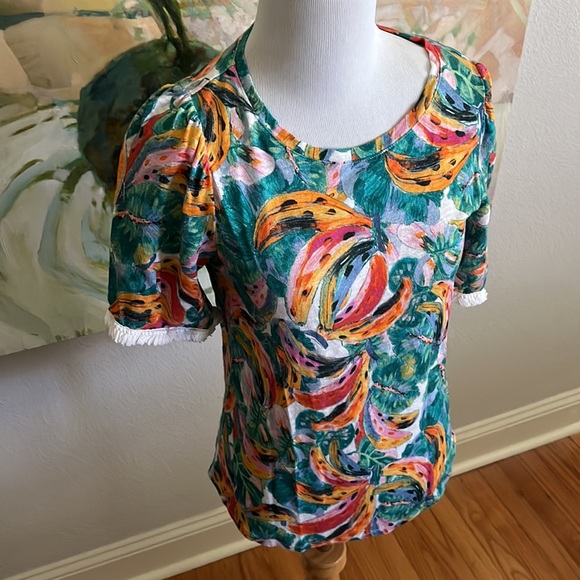 Chico's Linen Fringe Elbow Sleeve Tropical Banana Print Tee Top 00 xs - Picture 9 of 16